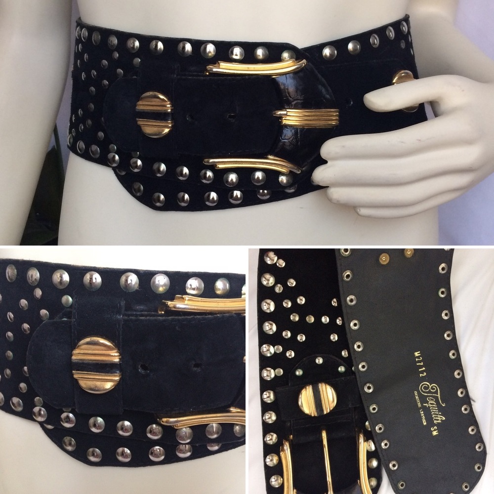 Vintage Silver  Studded Black Suede Wide Belt S/M